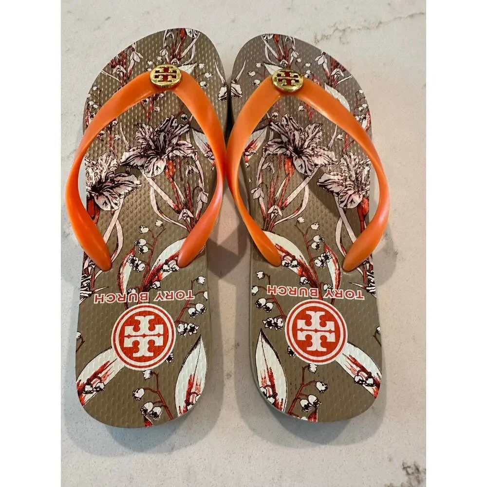 Tory Burch Printed Flip Flop Sandals Orange Floral Gold Logo Size 10 Resort Pool
